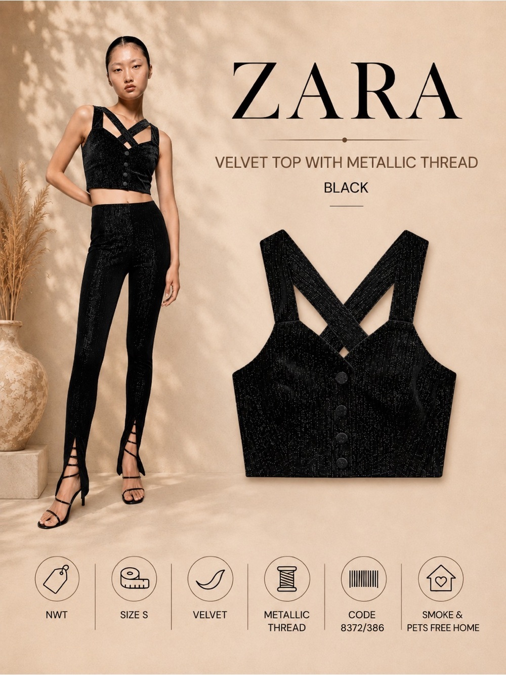 Zara Black Velvet Top With Metallic Thread Size S NWT Cross Back Crop Tank